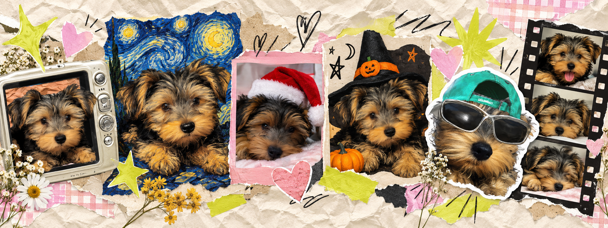The same black-and-tan puppy in a camera frame, a swirling night painting, a Santa hat, a Halloween costume, a cap and sunglasses, and a retro photo strip
