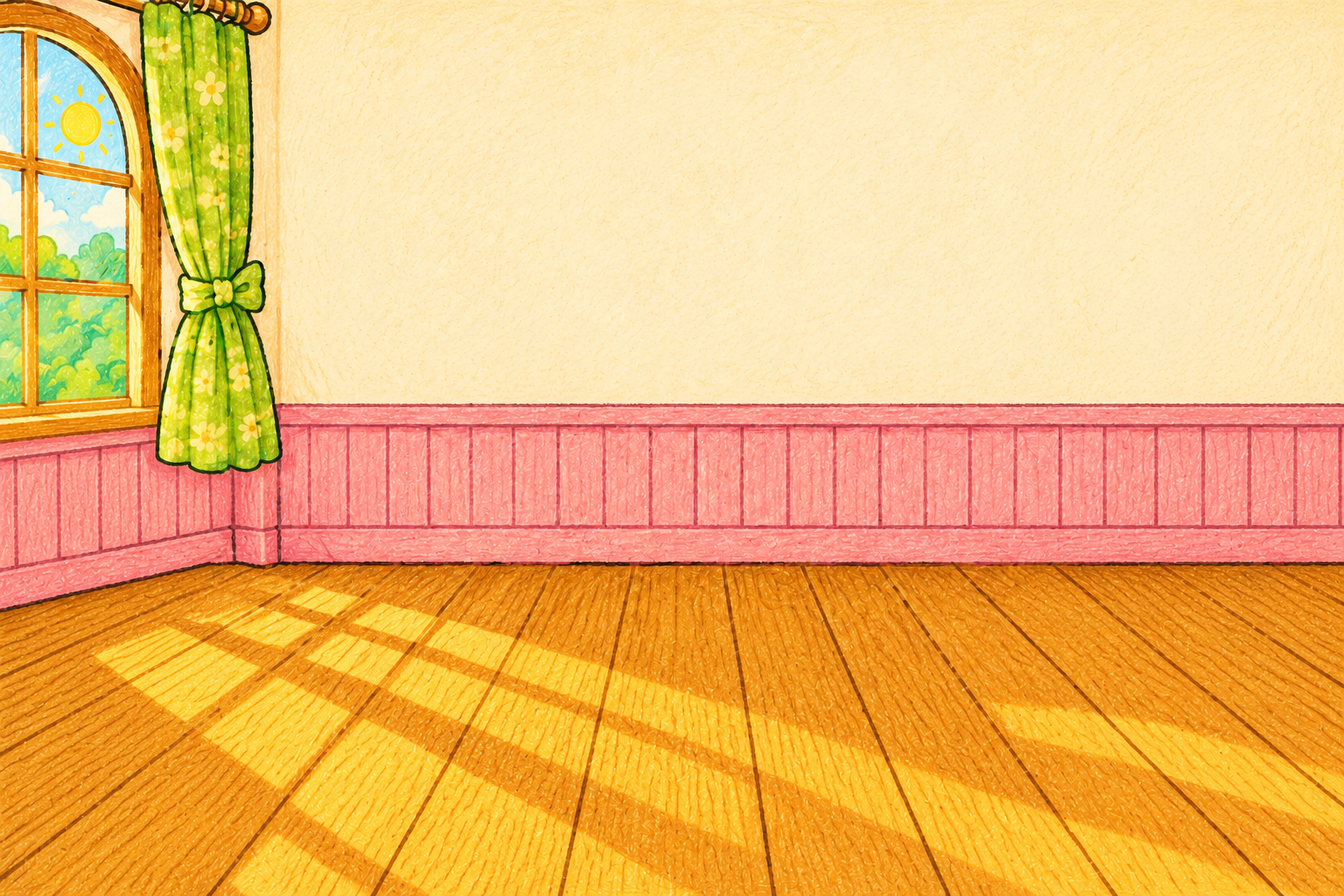 An empty hand-drawn room with a window, cream walls, pink panelling and a wooden floor, ready to decorate.